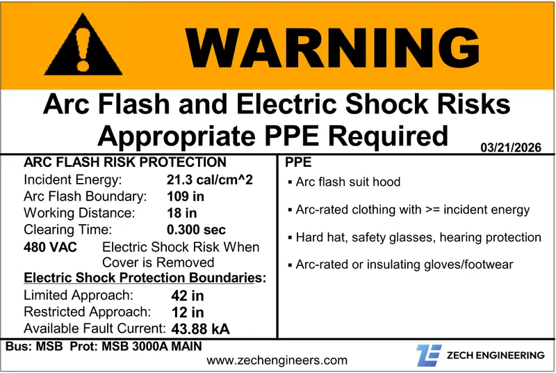 Example arc flash label on a 480V main switchboard showing incident energy, working distance, arc flash boundary, and shock protection boundaries